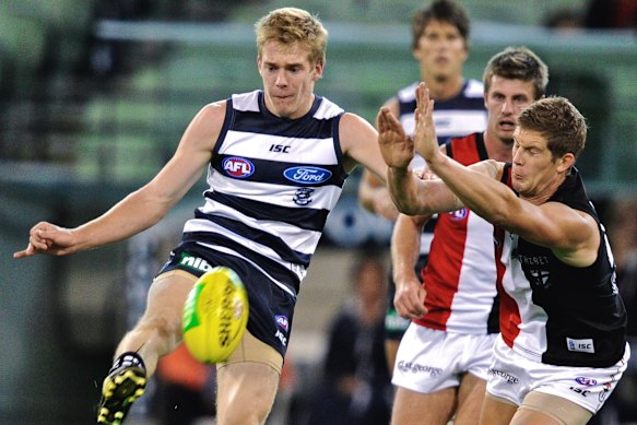 Guthrie, pictured here playing against the Saints in round one, 2011, missed out on playing in the Cats' premiership that year.