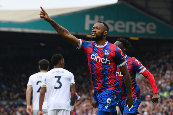 Jordan Ayew celebrates scoring for Crystal Palace against Leeds United at Elland Road.