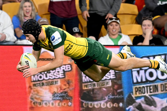Matt Burton dives over for a try in last month’s PM’s XIII clash with Papua New Guinea.