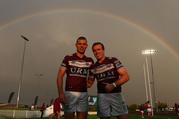 Tom and Jake Trbojevic enjoy the light show after the match at Glen Willow Sporting Complex.