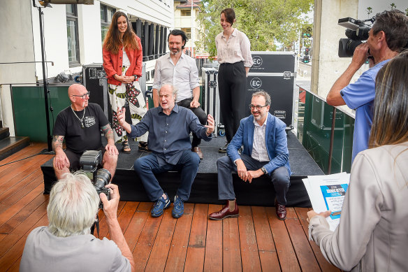 All together now: Missy Higgins, Paul Dempsey and Gordi with (front row) Howard Freeman (founder of road crew organisation Crew Care), Michael Gudinski and Martin Pakula.