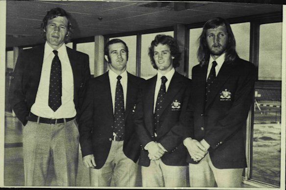 Four of the touring Wallabies at London’s Heathrow Airport (from left), John Hipwell, Mark Loane, Ken Wright and Ray Price.