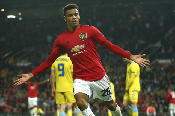 Manchester United's Mason Greenwood celebrates his match-winning goal in the Europa League.