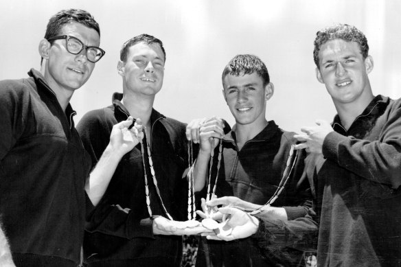 Men's 4 X 110 yrds Medley relay team winners. From left David Dickson, Julian Carroll, Ian O'Brien Berry.