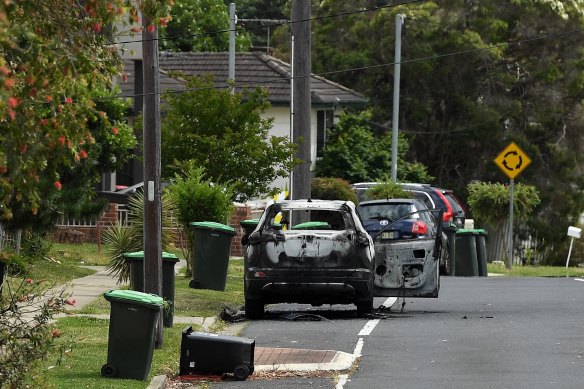 A burnt-out car on Colechin Street in Yagoona. 