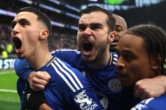 Bilal El Khannouss of Leicester City celebrates after scoring the winner.