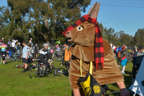 A cyclist dressed as a horse in the 2013 Melburn Roobaix.