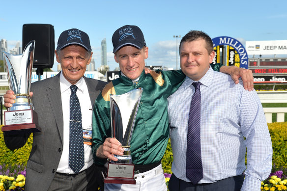 Blake Shinn between Peter and Paul Snowden after winning the Magic Millions on Capitialist.