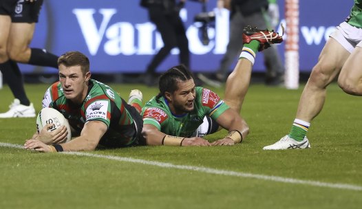 Campbell Graham scores for the Rabbitohs in the first half in Canberra.
