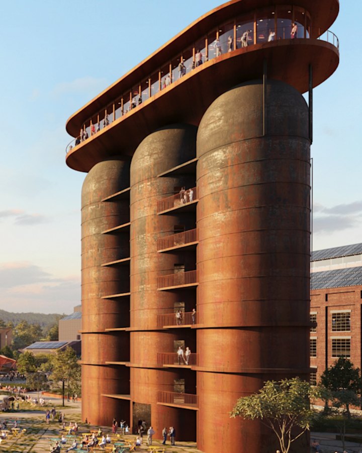 A rendered image of BlueScope’s proposed Port Kembla development, which aims to preserve the history of the industrial site.