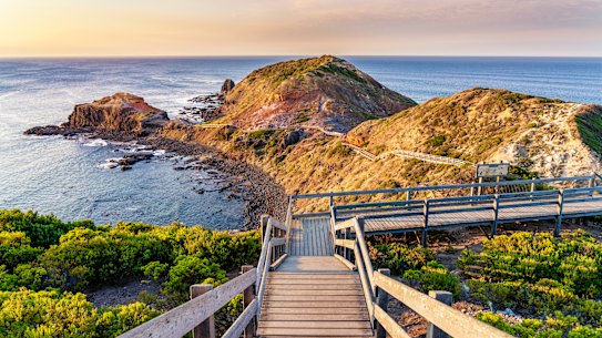 Wooden walkways lead towards the Pulpit Rock Sea Stack in Victoria’s Mornington Peninsula region.