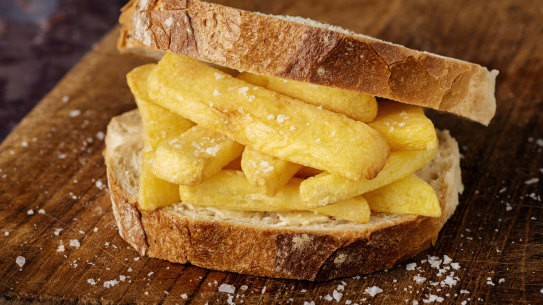 The “chip butty” –  a staple of the English diet.