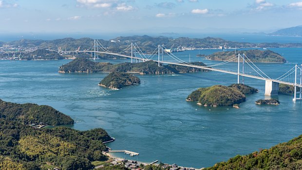 The train between Okayama and Matsuyama crosses the 13 kilometres-long Great Seto Bridge.