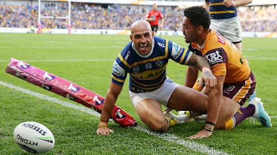 Blake Ferguson scored Parramatta's third try of the afternoon.