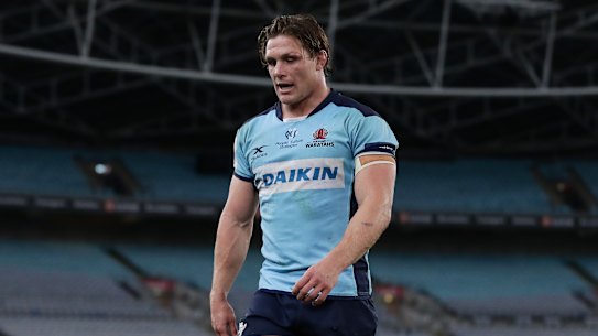 Michael Hooper trudges off ANZ Stadium after the Waratahs fell to the Brumbies in round three of Super Rugby AU. 