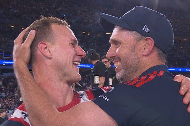 An overjoyed Daly Cherry-Evans celebrates winning the grand final with the Sydney Roosters.
