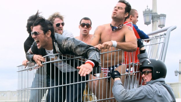 The cast of Jackass including Johnny Knoxville, Ryan Dunn, Steve-O, Chris Pontius, Wee Man and Ehren McGhehey.