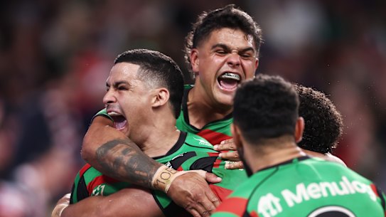 Latrell Mitchell and Cody Walker celebrate.