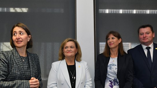 NSW Premier Gladys Berejiklian introduces new members during a joint party room meeting ahead of the commencement of NSW Parliament sitting on Tuesday.