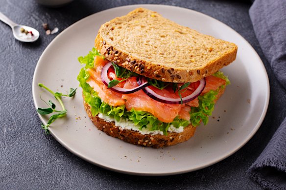 Smoked salmon and salad sandwich makes a strong lunch option. 