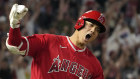 Shohei Ohtani celebrates after hitting a home run for the Los Angeles Angels against the New York Yankees.