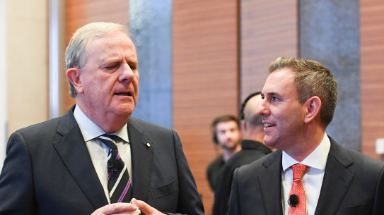 Peter Costello (left) has criticised Treasurer Jim Chalmers over the Future Fund.