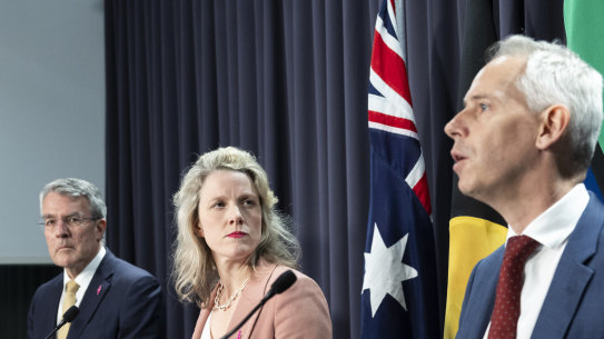 Attorney-General Mark Dreyfus, Minister for Home Affairs and Minister for Cyber Security Clare O’Neil and Minister for Immigration, Citizenship and Multicultural Affairs Andrew Giles during a press conference at Parliament House in Canberra on Wednesday 6 December 2023. fedpol Photo: Alex Ellinghausen