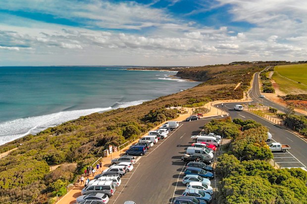 Aerial view of Torquay Beach along the Great Ocean Road, Australia.