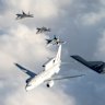 An RAAF Wedgetail, flying in formation with Australian and US jets.