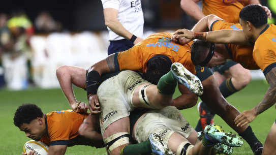 Hunter Paisami is brought down by the Springboks