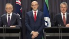 Prime Minister Anthony Albanese, ASIO Director-General Mike Burgess (centre) and Attorney-General Mark Dreyfus today.