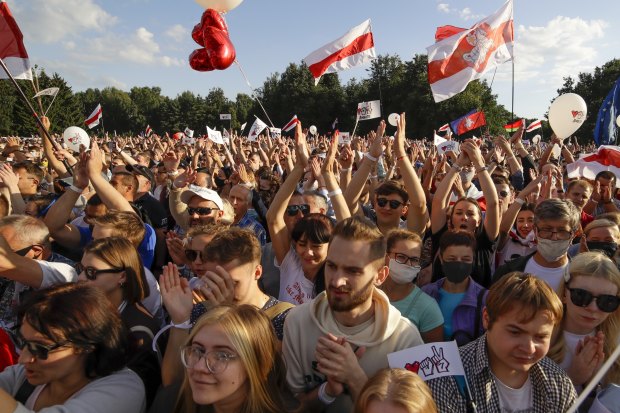 Belarusians in Minsk at a rally in support Svetlana Tikhanovskaya.