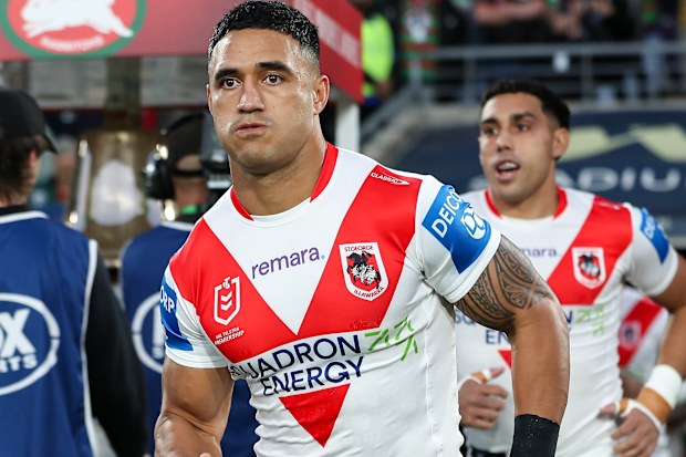 Dragons star Valentine Holmes runs out for his team's clash with the Rabbitohs in round seven, 2026.