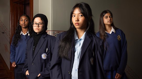 (L to R) Shruthi Kuppusamy from MacArthur,  Sakina Adeli  and Mikaela Barnes  from Doonside technology and  Akankhita Chaudhuri  from MacArthur are photographed at Parrammatta Town Hall. The four students  from Western Sydney high schools were part of a much larger group who  who  will be presenting their solutions for reducing heat in their schools as part of the 50*C Climate, Heat and Resilience Program - a first of its kind 10-week program developed by the Powerhouse Museum with support from the NSW Office of the Chief Scientist and Engineer, that gave students the opportunity to examine and respond to the challenges of extreme urban heat in Greater Sydney. 12 September 2025. Photo Jessica Hromas