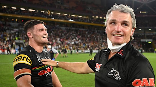 Nathan and Ivan Cleary after last year’s NRL title triumph.