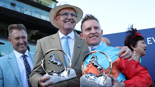 David Hayes and Zac Purton celebrate victory in The Everest.