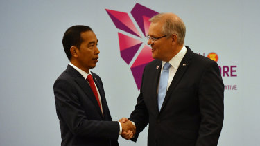 Prime Minister Scott Morrison and Joko Widodo at a bilateral meeting during the 2018 ASEAN Summit in Singapore.
