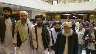 Mullah Abdul Ghani Baradar, the Taliban group's top political leader, third from left in Moscow in May.