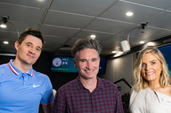 The new 2Day FM breakfast radio team hopes to make a dent in Kyle and Jackie O's ratings. From left, Ed Kavalee, Dave Hughes and Erin Molan. 