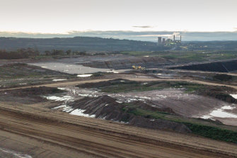 An aerial view of the Yallourn open cut mine, which is threatened by water from the Morwell River that has been diverted to run through the mine. 