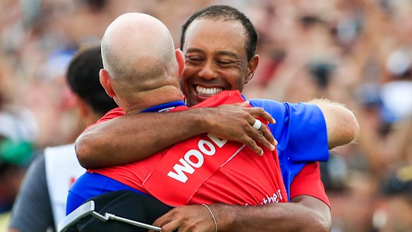Drought over: Tiger Woods celebrates with caddie Joe LaCava after the Tour Championship golf tournament and the FedEx Cup final at Eastlake Golf Club in Atlanta, Georgia.