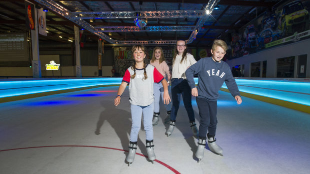 Madison Hooper, Chloe Carpenter, Jessica Element and Riley Element try Australia's first synthetic ice rink, iSkate Park.
