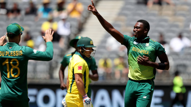 Tall order: Lungi Ngidi (right) of South Africa celebrates after dismissing Australian opener Aaron Finch.