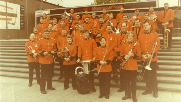The 1994 RMC Band outside the Canberra Theatre Centre. Ian McLean is at the front left with baton. 