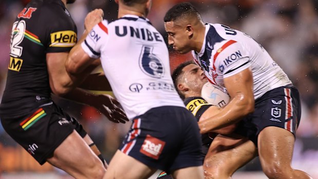 Sio Siua Taukeiaho’s contentious high shot on Nathan Cleary, which earned him 10 minutes in the bin.