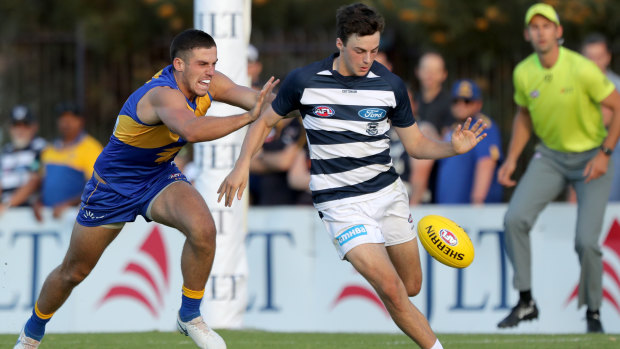Geelong draft pick Jordan Clark impresses with 21 disposals and five marks against West Coast.
