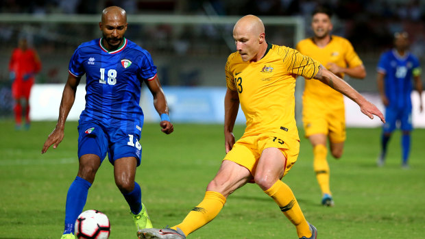 On the ball: Aaron Mooy showed his class against Kuwait.
