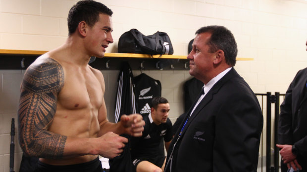 Long apprenticeship: Sonny Bill Williams with Foster in the All Blacks change rooms in 2012.