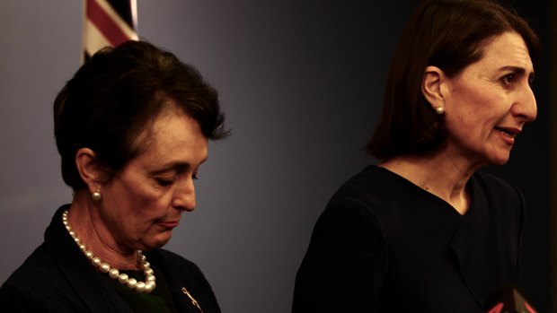 NSW Premier Gladys Berejiklian, right, stands beside Ms Goward as she announces her decision to quit.