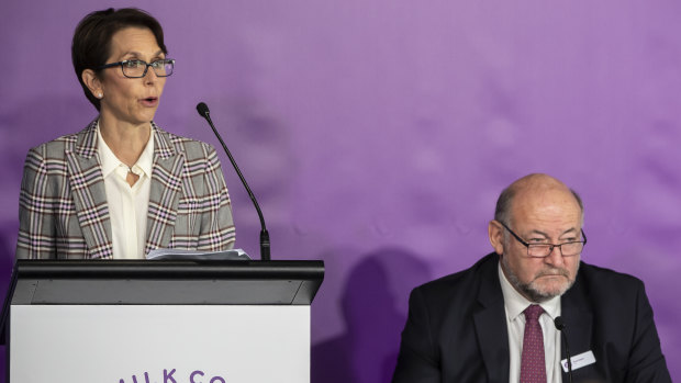 Jayne Hrdlicka and a2 chairman David Hearn at the dairy group’s November 2019 annual general meeting.